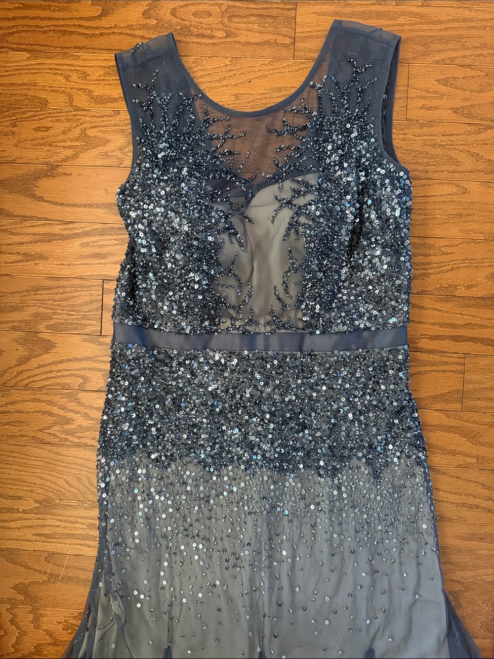 Adrianna Papell beaded mermaid mesh gown in graphite and taupe - Picture 8 of 15